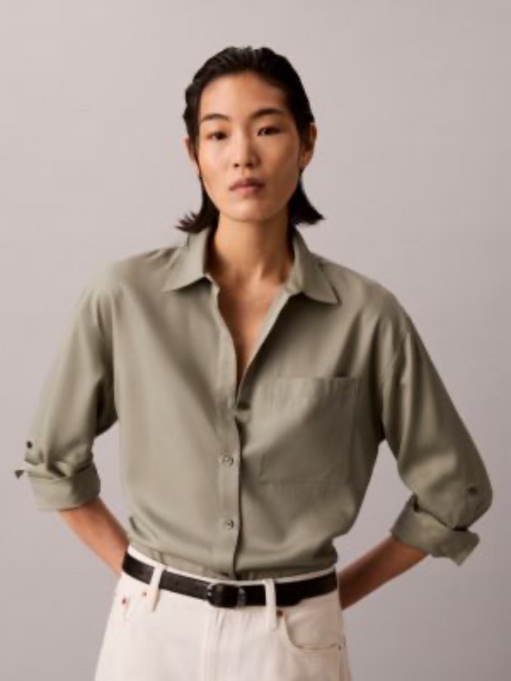 Calvin Klein Jeans Olive Green Button Down Shirt M Utility Roll Tab Top